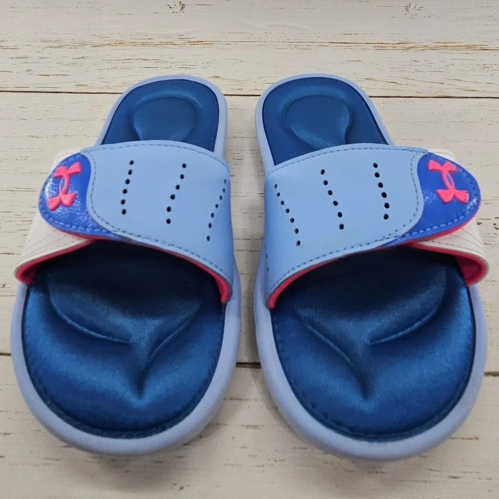 Under Armour Ignite VI Slides Youth Size 2Y Blue Pink‎ Adjustable Strap Sandals